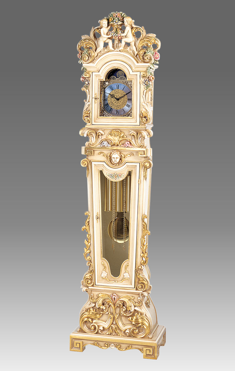 Grandfather clock Art.512/2 lacquered white patinated with gold and decoration 2Angel